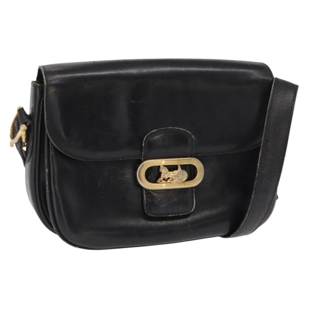 Authentic CELINE Shoulder Bag Leather Black Gold